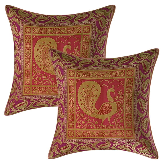 Stylo Culture Ethnic Boho Brocade Magenta And Gold Throw Pillow Covers 16x16 Jacquard Weave Banarasi Sofa Winter Throw Pillow Covers Dancing Peacock 40x40 cm Decorative Cushion Covers (Set Of 2)