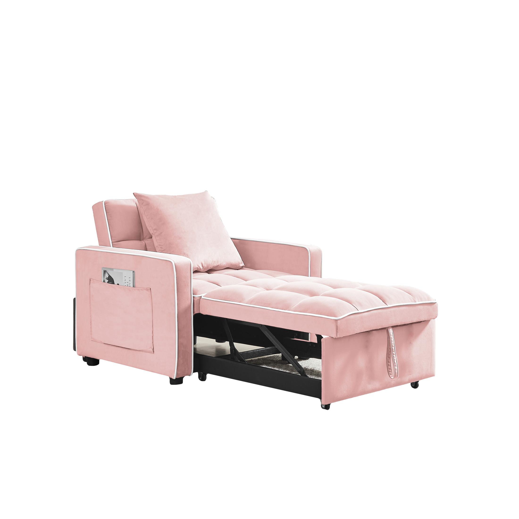 Noble House 35.43" Velvet 3-in-1 Sofa Bed Chair, Modern Adjustable Tufted Single Sleeper, for Small Space, Pink