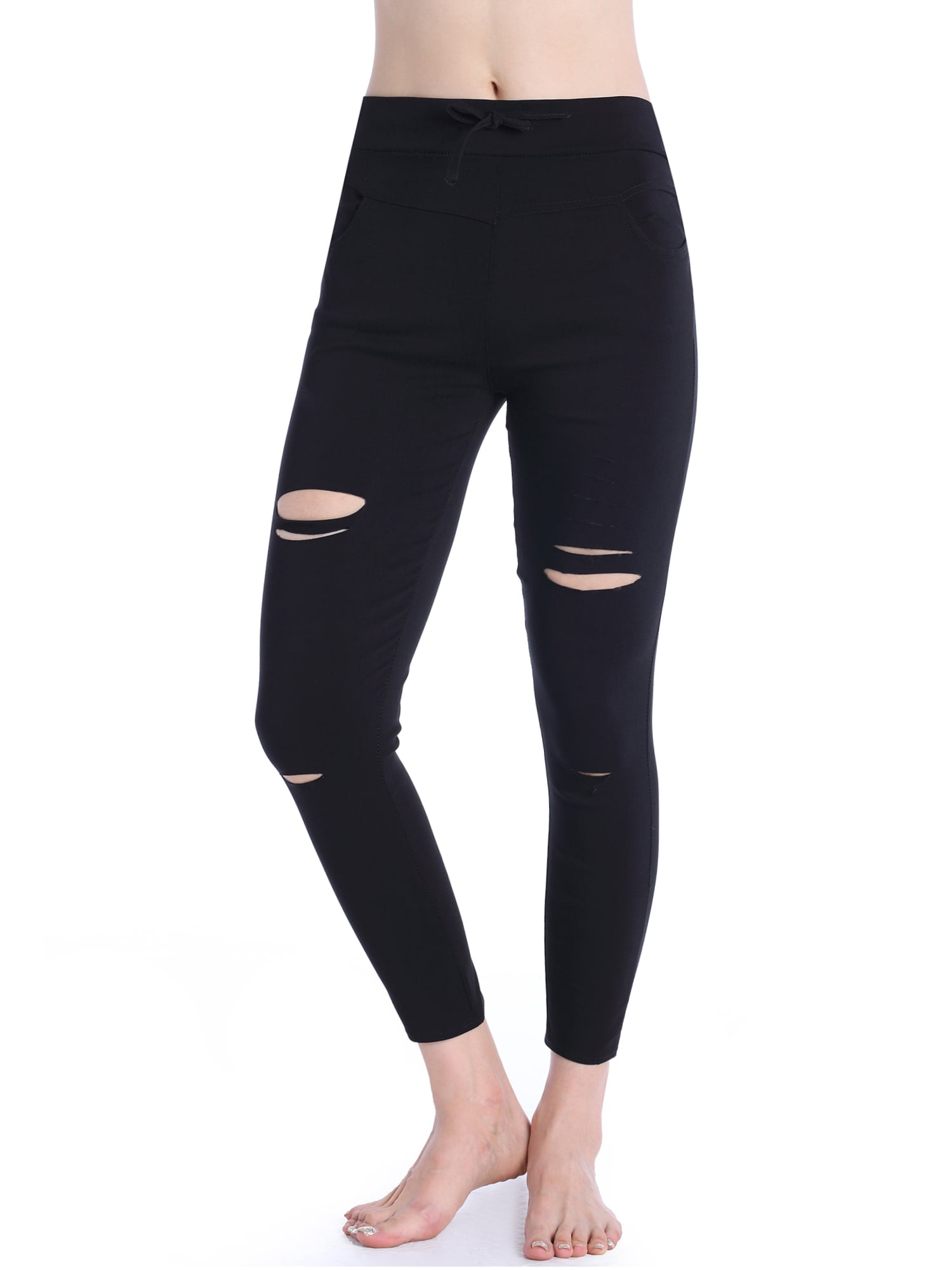 SAYFUT Women Ripped Elastic Slim Cutout Leggings Workout Running Capris