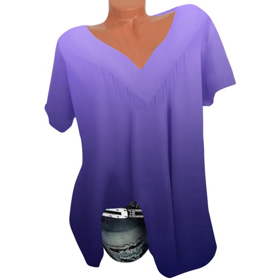 Meichang Summer T Shirts for Women 2024 Gradient V Neck Tops Casual Short Sleeve Pleated Blouses Loose Fit Lightweight Tshirts Shirts Plus Size Tops Purple L