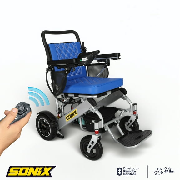 Sonix DX15 Electric Wheelchair – Strong & Lightweight, Only 47lbs, Foldable, Airplane Ready, Leather Cushion, Deluxe Comfort, Long Range, Zero Turn Maneuverability, Electromagnetic Brake_Blue