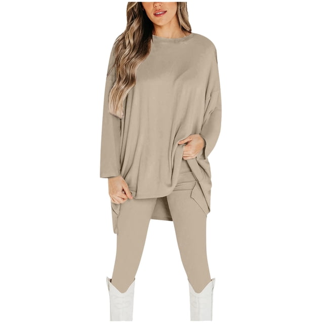 zanvins Ensembles à Manches Longues pour Femmes Mode Décontractée Couleur Manches Longues Col Rond Irrégulier Ensemble Chemise