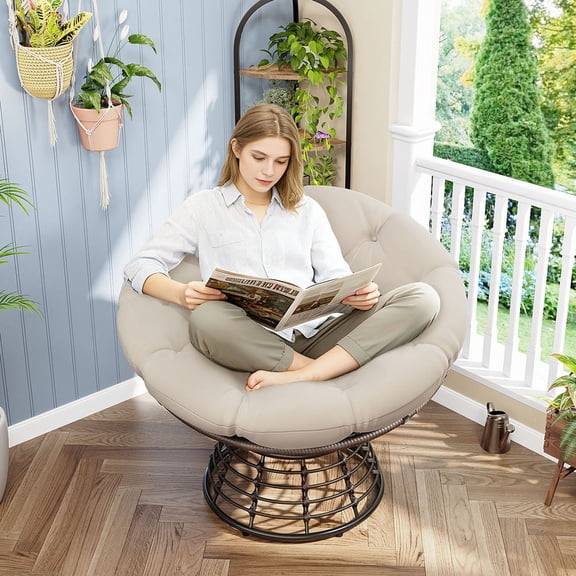 S-HOME Modern Ergonomic Brown Wicker Papasan Chair with Cushion, 360° Swivel Design for Living Room or Outdoor Use, Beige