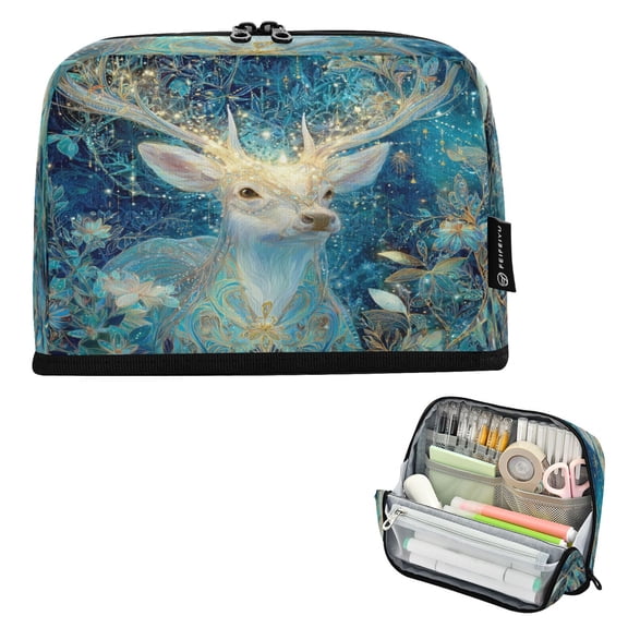 Standing Pencil Case with Base Large Capacity Stationery Pouch Pen Bag with Zipper for Women Men Beautiful Glowing Deer