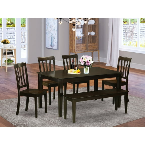 East West Furniture CAAN6-CAP-W 6 Piece Dining Table With Bench Set-Dining Table and 4 Kitchen Chairs and Bench