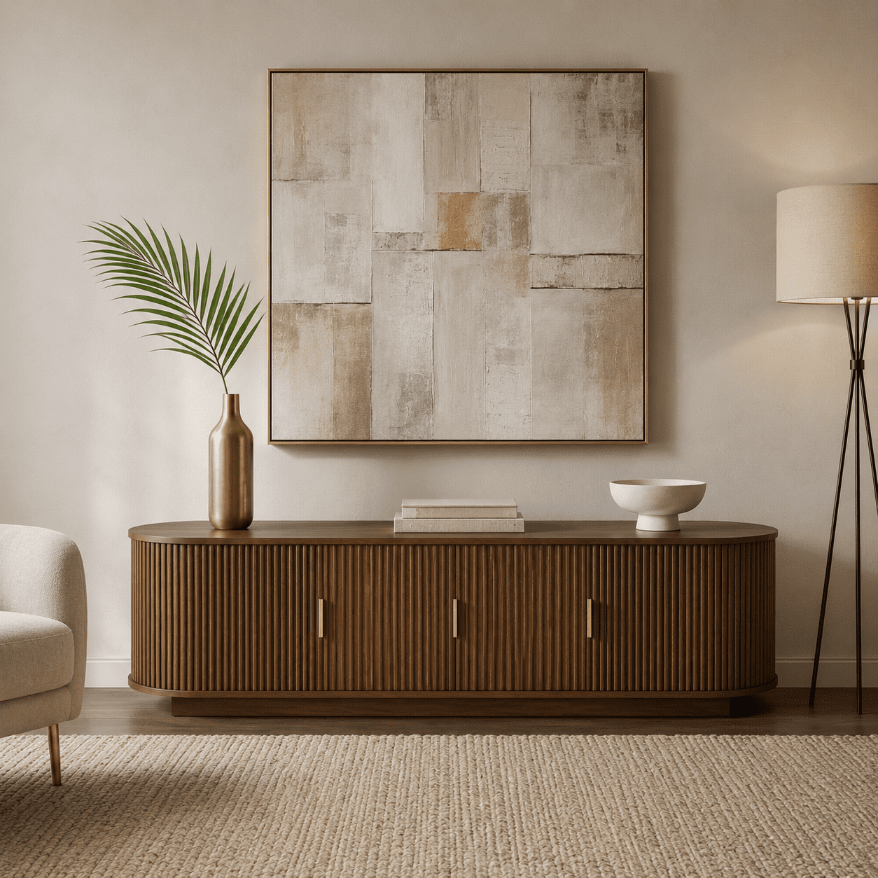 Aukfa 67" Fluted TV Stand for TVs up to 75", Sliding Doors,Walnut
