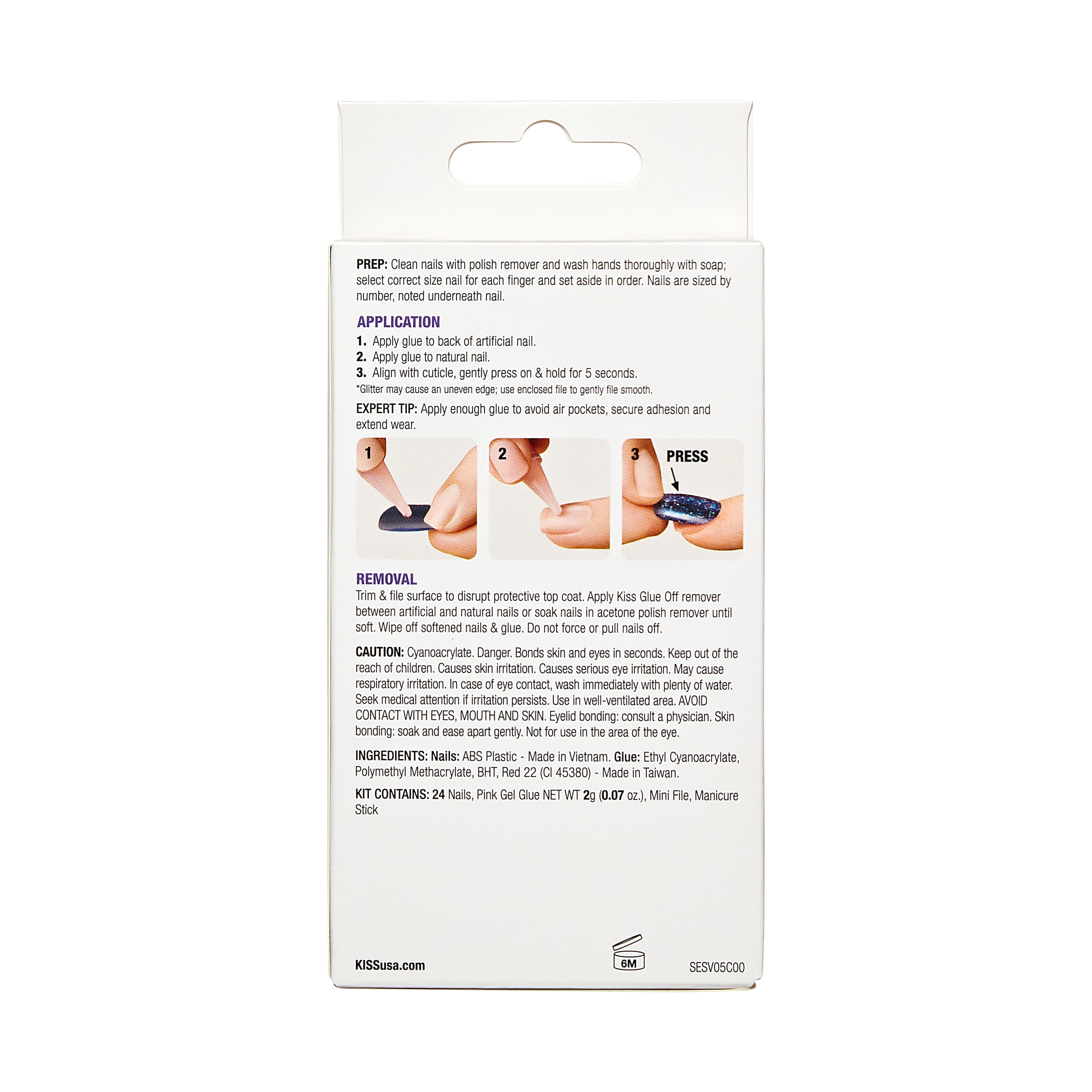KISS Salon Design Medium Coffin Glue-On Nails, Glossy Light White, 24 Count