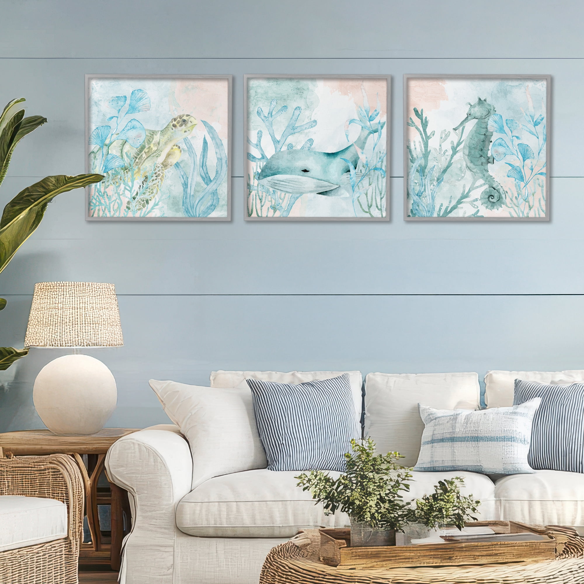 Stupell Industries Aquatic Animals Sea Swim 3 Piece Gray Framed Giclee Art Set, design by Kim Allen