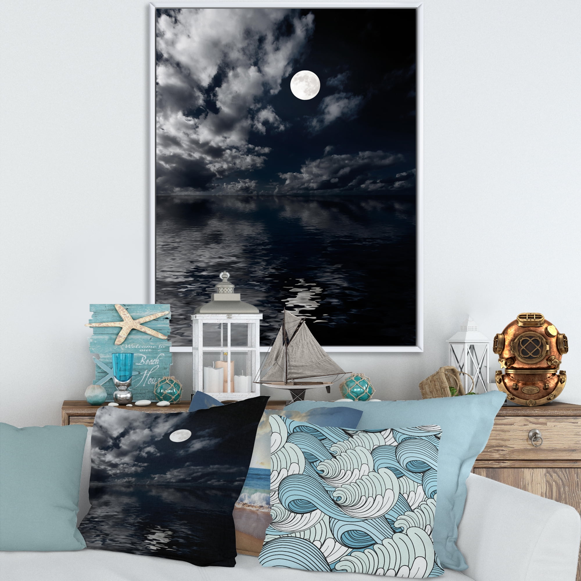 Designart 'Full Moon Night in Cloudy Sky IV' Nautical & Coastal Framed Canvas Wall Art Print