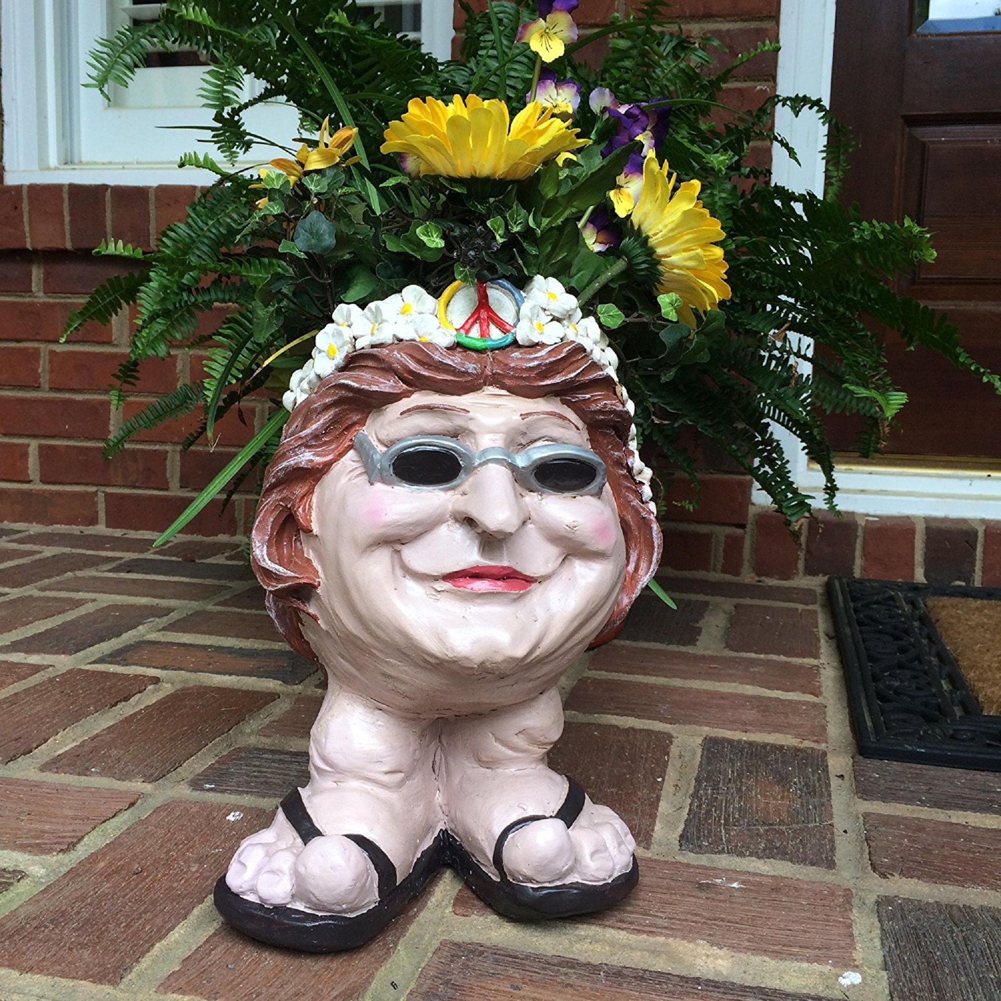 Homestyles Muggly Hippie "Jerry" and Flower Child "Janice" Painted 12"H Face Planter Garden 2-Piece Statue Assortment (Holds 4" Pot)