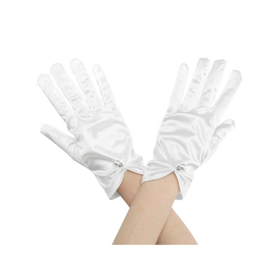 INSPIRE CHIC Women's Glove Satin Bead Decor Full Finger Wrist Length Short Gloves for Elegant Wedding White