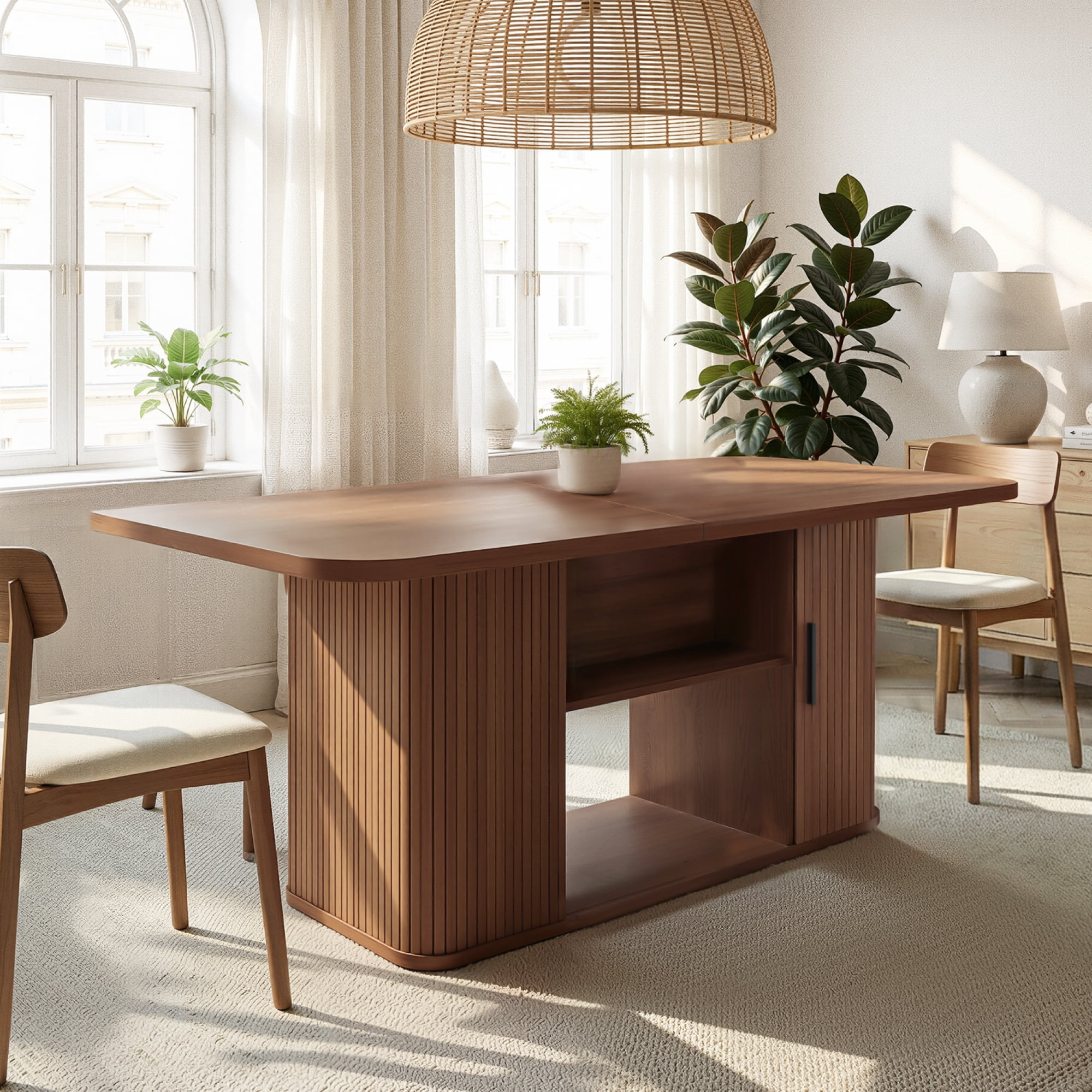 SUNCOZE 70in Dining Table for 4-8, Dining Leisure Table with Storage Shelves, 1.38" Thick Top, Scratch-Resistant, Natural Wood Finish, Multi-Use for Dining Room Kitchen Office