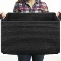 Large Blanket Basket, Black Blanket Storage Living Room, Rectangle Woven Baskets for Storage Toys, Towels, Diry Clothes Organizer Bins (Black)