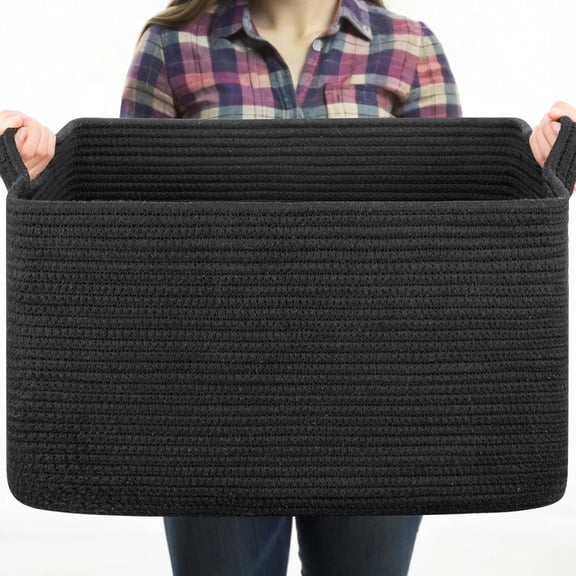 Large Blanket Basket, Black Blanket Storage Living Room, Rectangle Woven Baskets for Storage Toys, Towels, Diry Clothes Organizer Bins (Black)