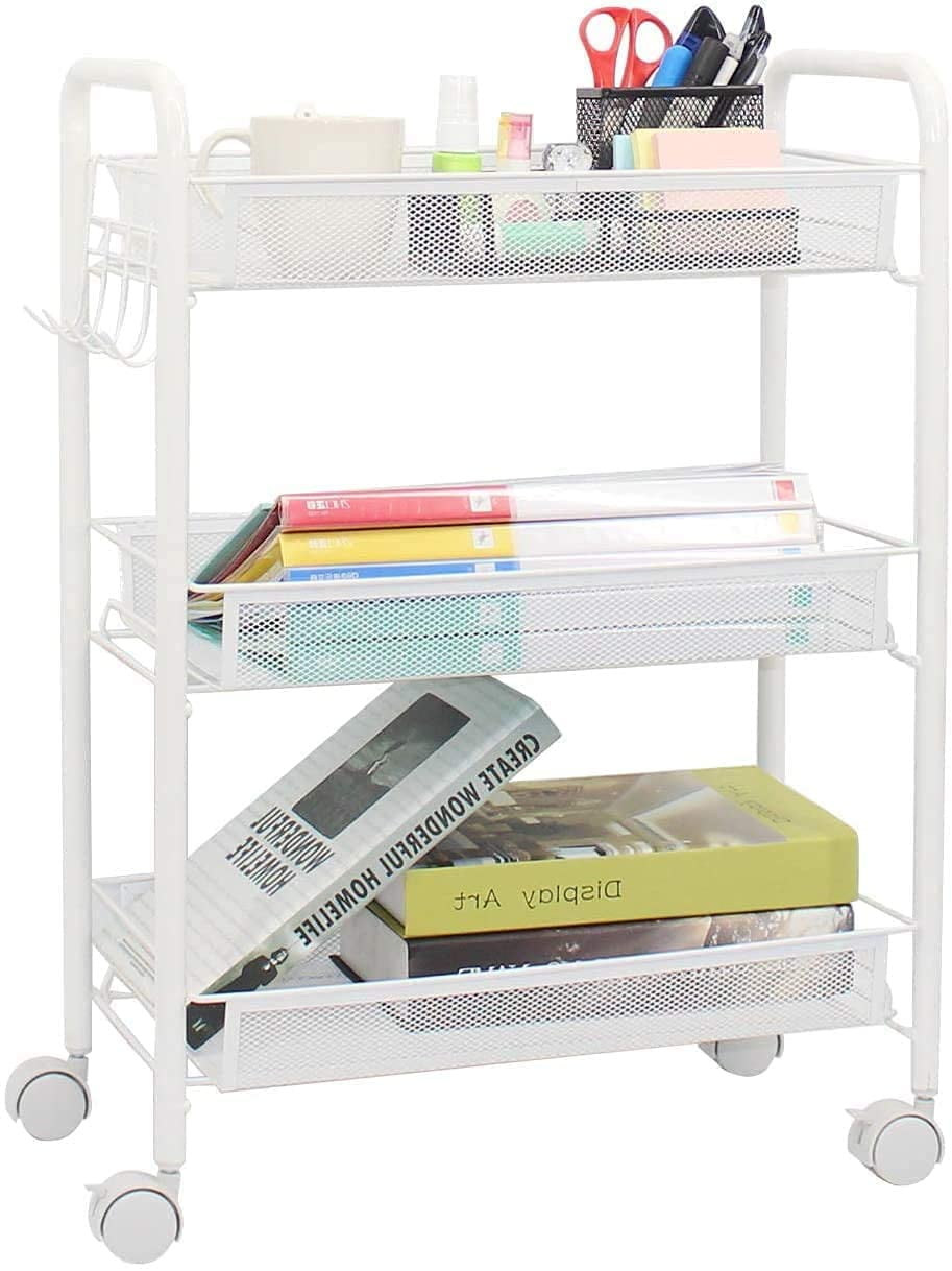 3 Tier Rolling Trolley, Metal Mesh Rolling Cart, Mesh Storage Pantry
