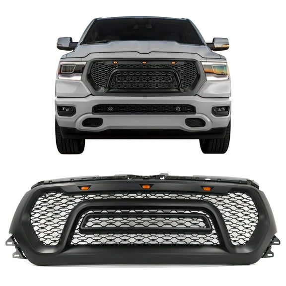 Ikon Motorsports Upper Grille Compatible with 2019-2024 Dodge Ram 1500 Rebel Style ABS Front Bumper Hood Mesh Grille W/ Signal Lights - Matte Black