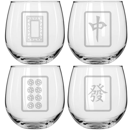 Set of 4 Wine Glass for Red or White Wine Gift Mahjong Tiles Collection (16 oz Stemless)