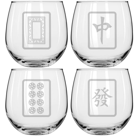 Set of 4 Wine Glass for Red or White Wine Gift Mahjong Tiles Collection (16 oz Stemless)