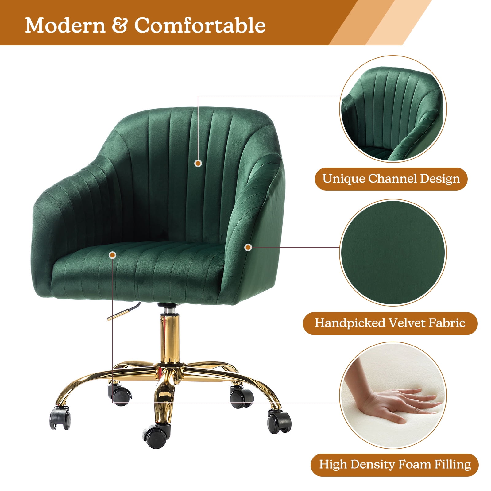 Velvet Office Desk Chair Rolling Vanity Armchair Swivel Adjustable Adult Green