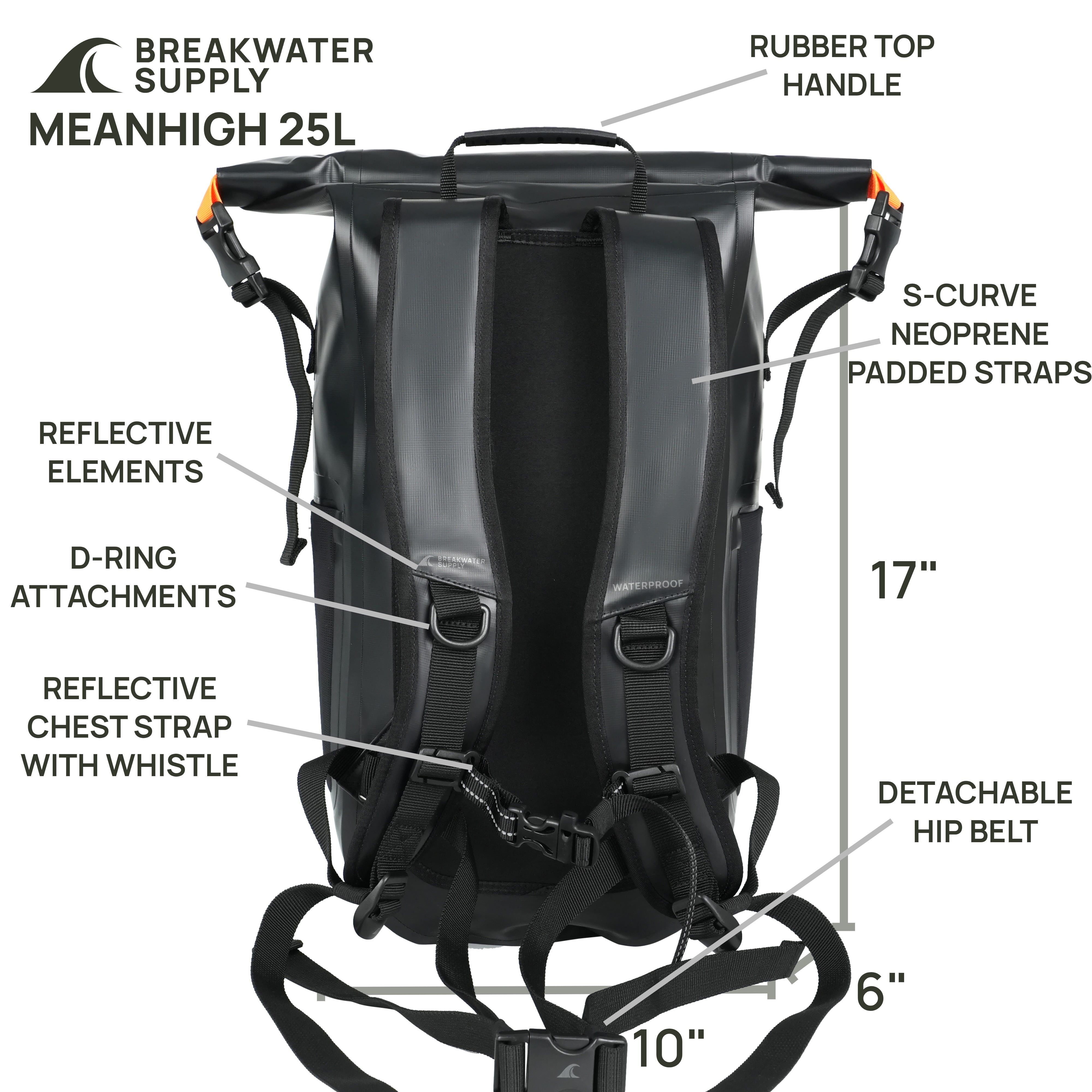 Breakwater Supply Meanhigh Dry Bag Waterproof Backpack, 25L, Small, for Kayaking, Backpacking, Hiking, Hunting, Fishing + Floating, Rolltop, Light Weight, Mesh Water Bottle Holders