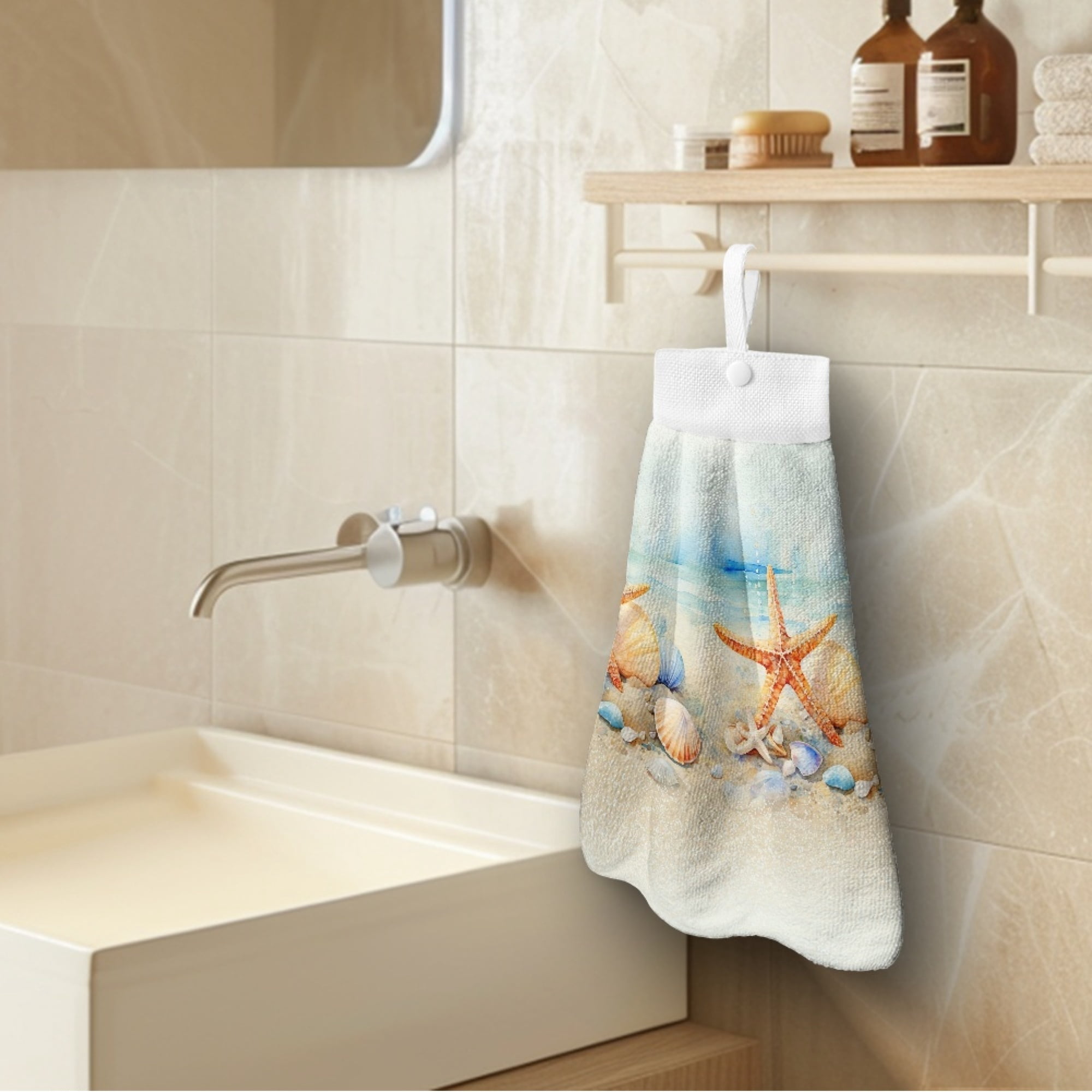SEANATIVE Starfish Hanging Hand Towels for Bathroom Set of 3 Seaside Hand Drying Towels with Hanging Loop Fast Drying Hang Towel for Dining Room Laundry Room Decor
