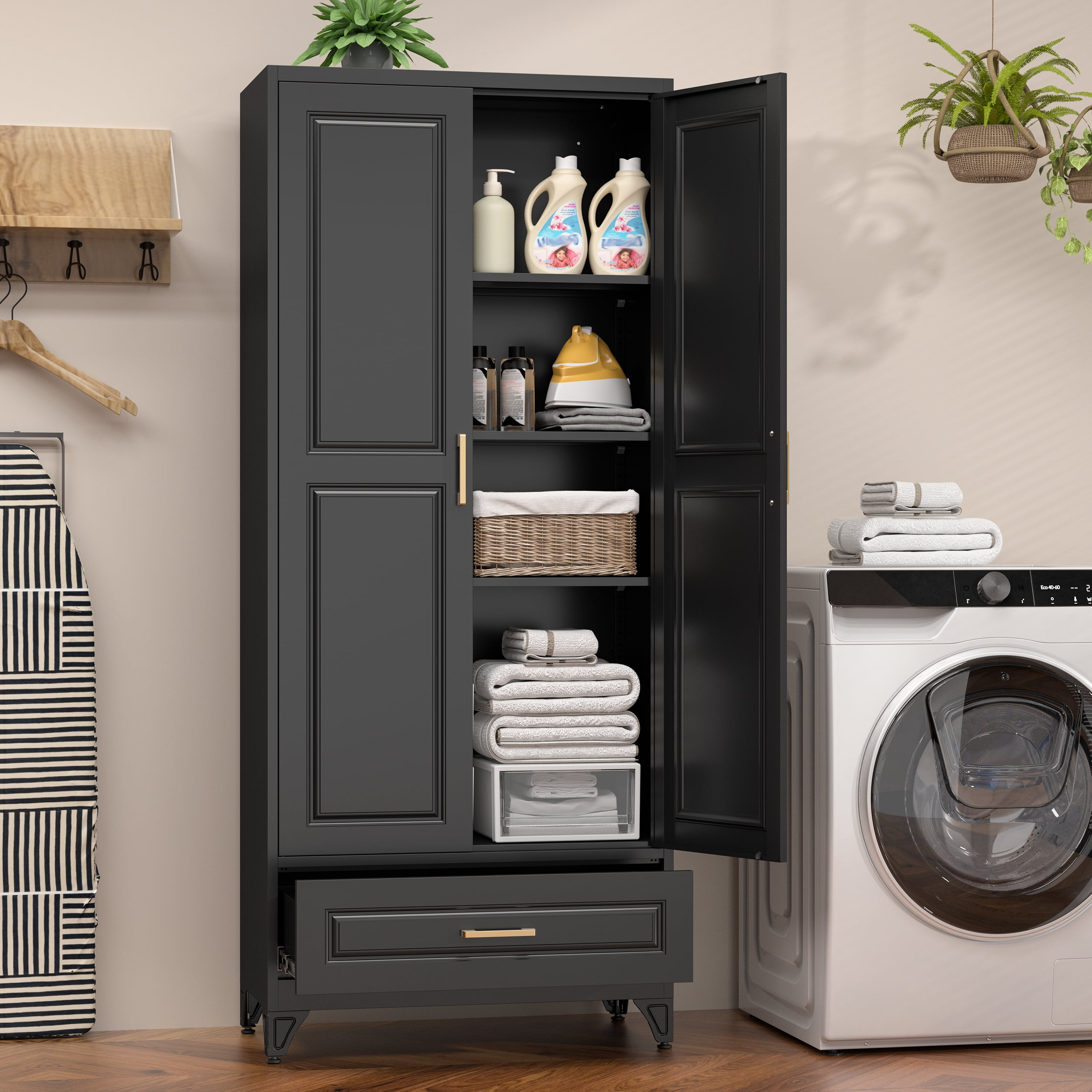 Polup 75"H Kitchen Pantry Cabinet, Metal Pantry Cabinet with Drawer, Storage Cabinets with Adjustable Shelves, Black Food Cupboards, Adult