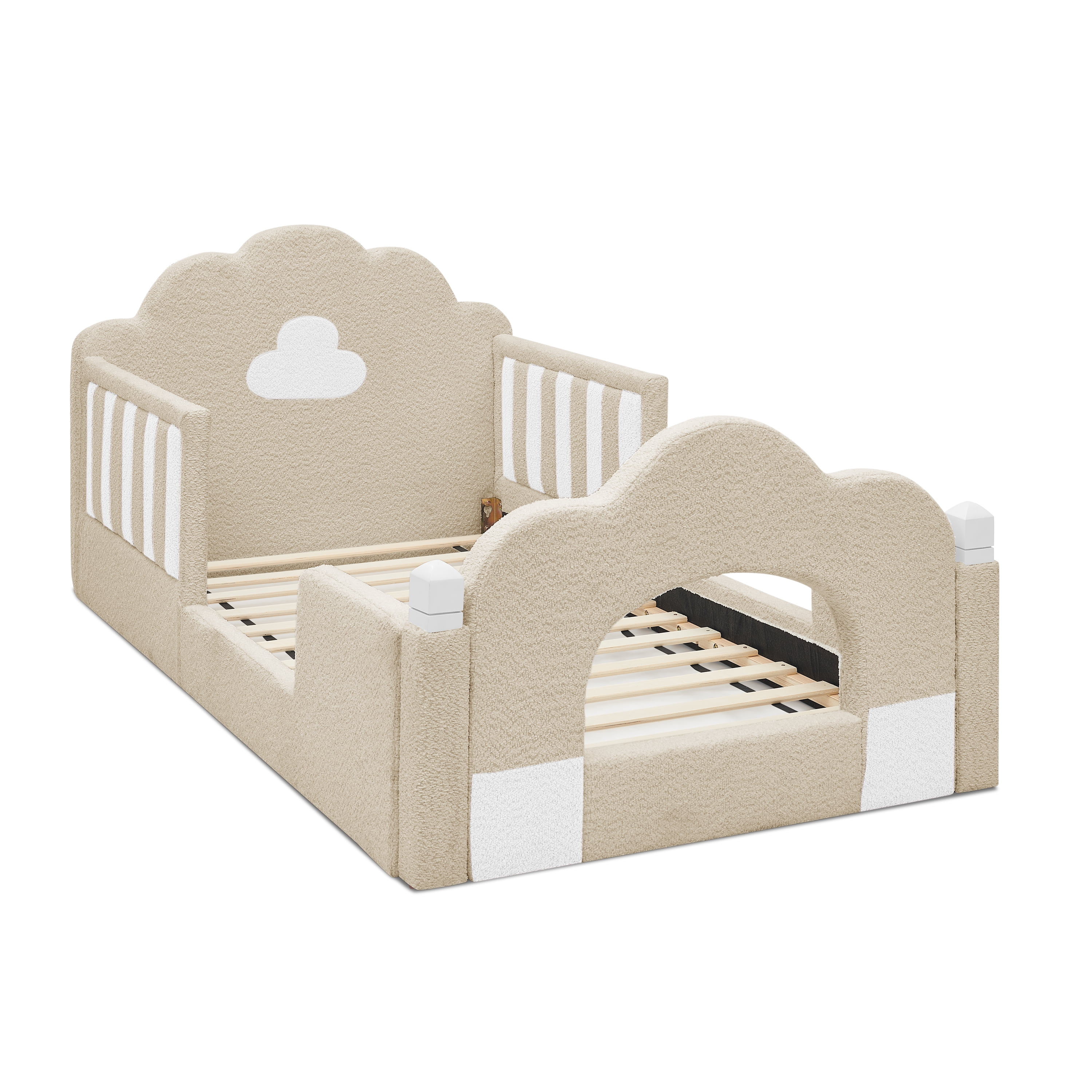 Wakefit Twin Size Kids Cloud Bed with Safety Guardrails,Boucle Upholstered Platform Bed Frame with Wood Slats,Cute Daybed for Girls Boys Bedroom,Camel