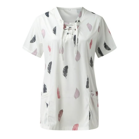 

Youmylove Summer Women Scrubs Tops Short Sleeve V-Neck Flower Printed Top Working T-Shirts