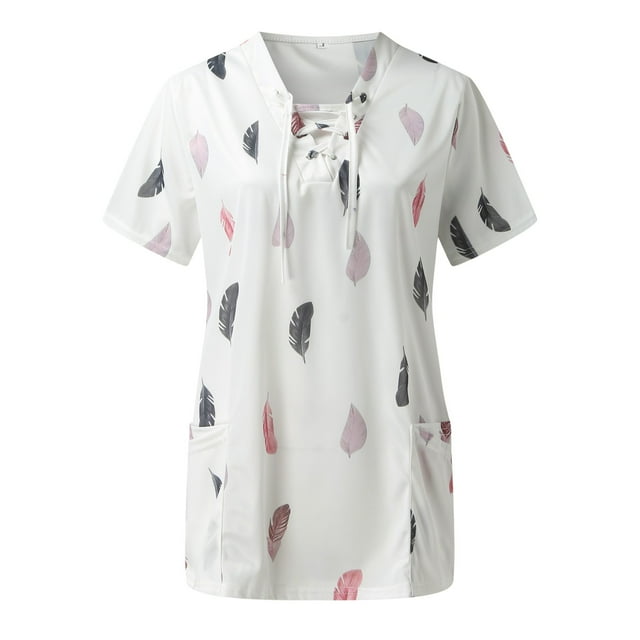 Gibobby Camiseta de manga corta para mujer Camisetas trabajo unificadas enfermería con estampado flores y cuello en V manga corta para mujer verano(Blanco,CH)