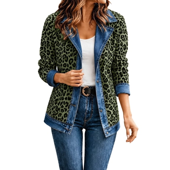 Womens Leopard Print Denim Jacket Long Sleeve Button Up Casual Loose Fit Outerwear Cheetah Jean Coat Tops Army Green L