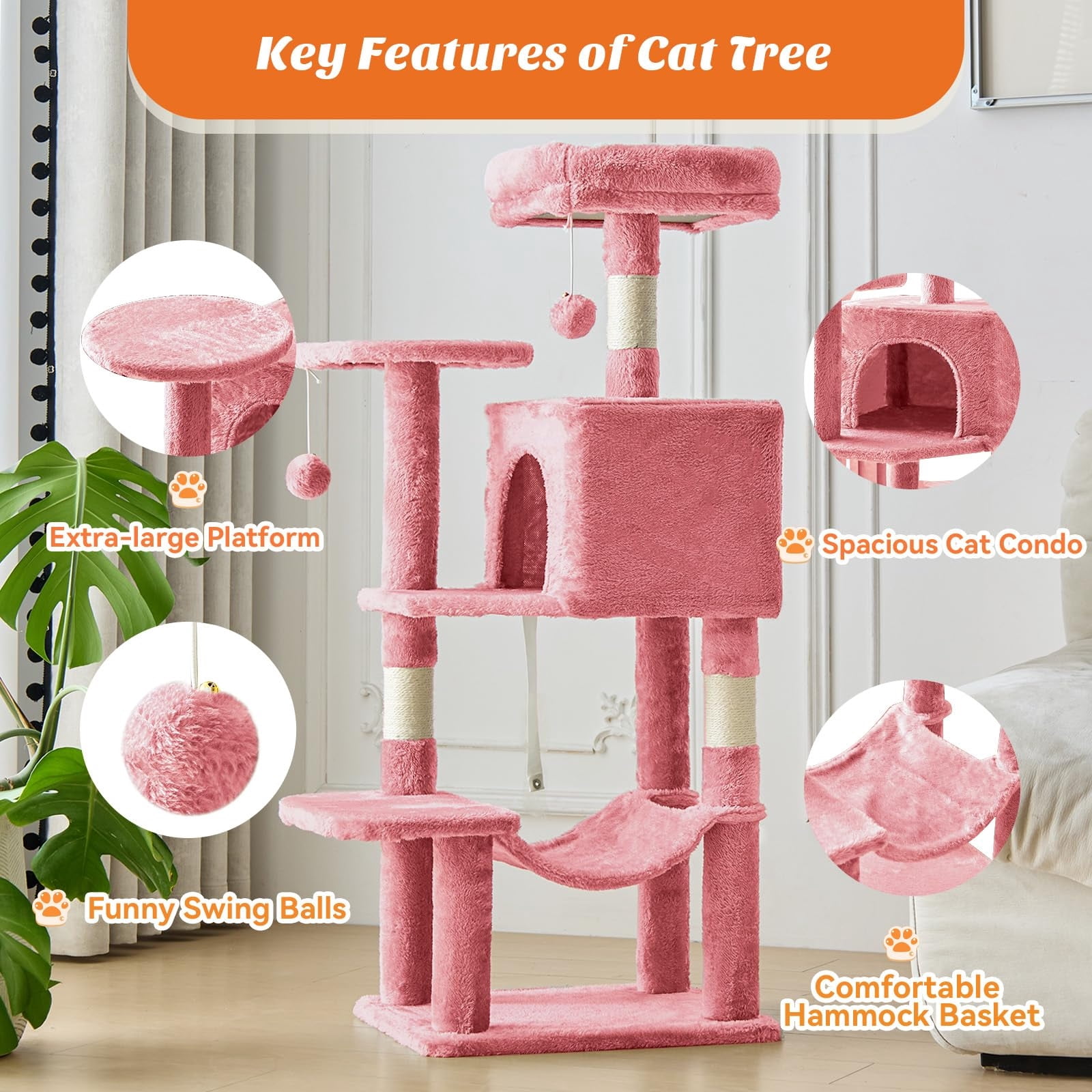 Kelno 44" Cat Tree Tower Durable Cat Climbing Tower with Sisal Scratching Posts Cozy Condo Hammock and Platforms, Pink