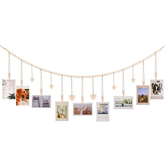 Hanging Photo Display Wooden Bead Garland Boho Wall Hanging for Bedroom Living Room Dorm Party Decor Teen Girl Gifts