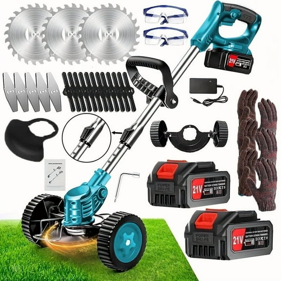 Weed Wacker Cordless Adjustable Weed Eaters wheel mower3 in 1 Electric String Trimmer Lawn with Two Battery with Charger Comes with Multiple Blades for Yard,Green,Garden gifts for Dad