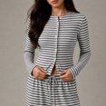 thumbnail image 5 of Women's Fall Striped Knit 2 Piece Outfit Long Sleeve Button Down Cardigan Top & Wide Leg Pants Set with Drawstring Waist Casual Loungewear for Daily Wear, Work 2XL, 5 of 6