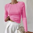 thumbnail image 4 of Camisas de Larga para Mujer, Corte Entallado, Cuello Redondo, Ropa de Otoño, Costuras Expuestas, Blusas Básicas Acanaladas. Rosa M, 4 of 7