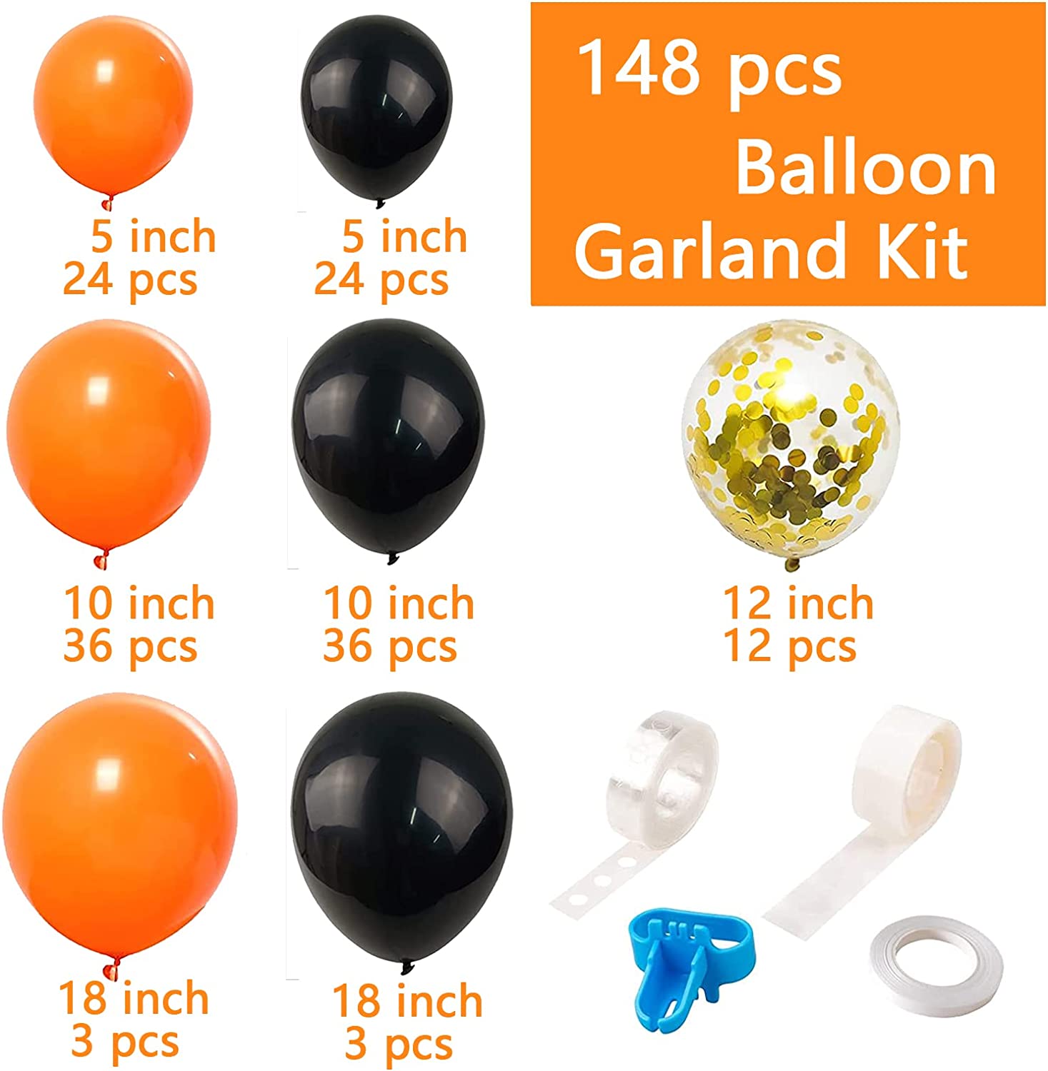 KIRIKOU 138pcs Black and Orange Balloon Garland Arch Kit 18" 12" 10" 5" Chrome Metallic Confetti Pastel Latex Balloons for Birthday Wedding Baby Shower Holiday Graduation Party Decors