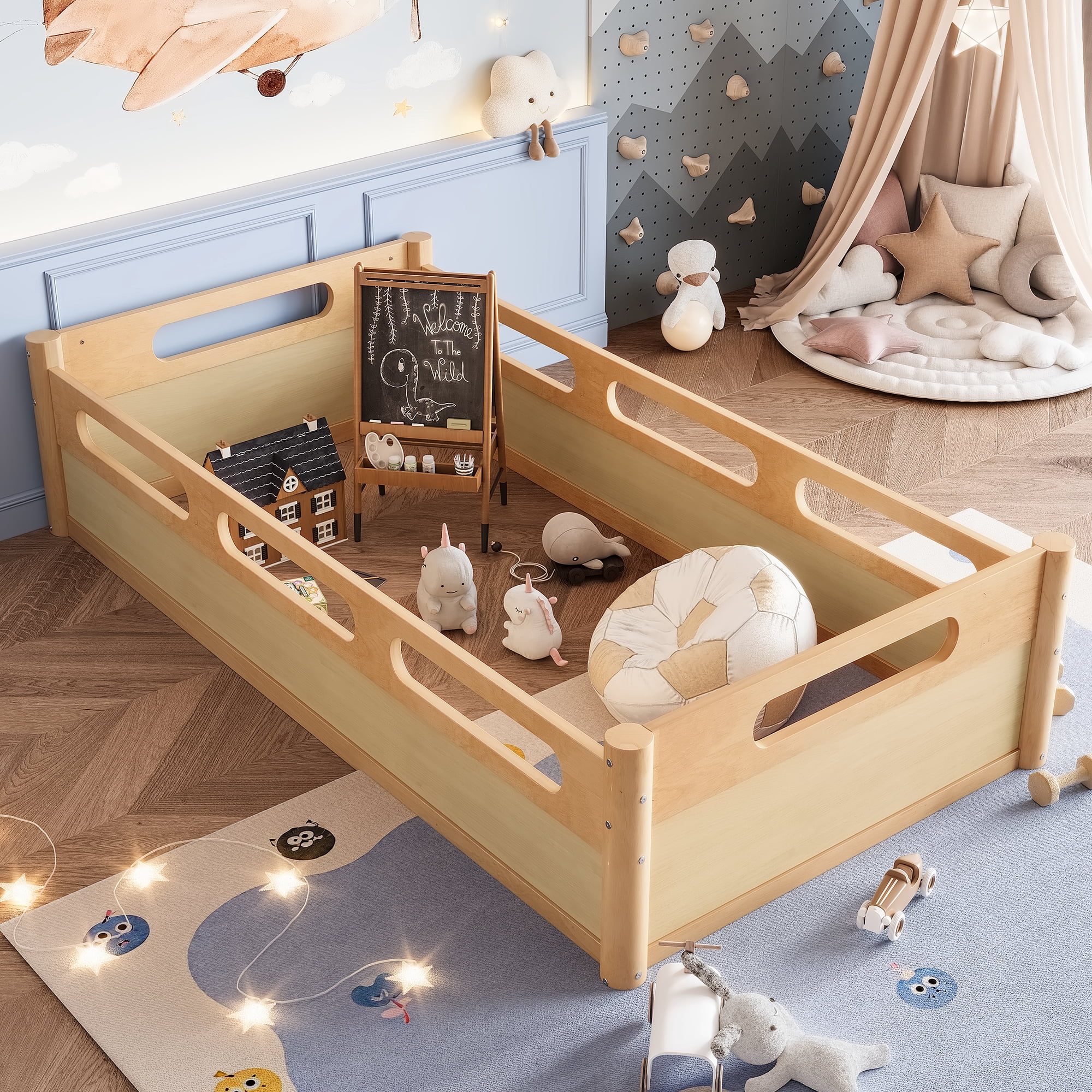 Miniyam Twin Floor Bed with Guardrails, Low Profile Wood Platform Bed Frame for Kids, Natural