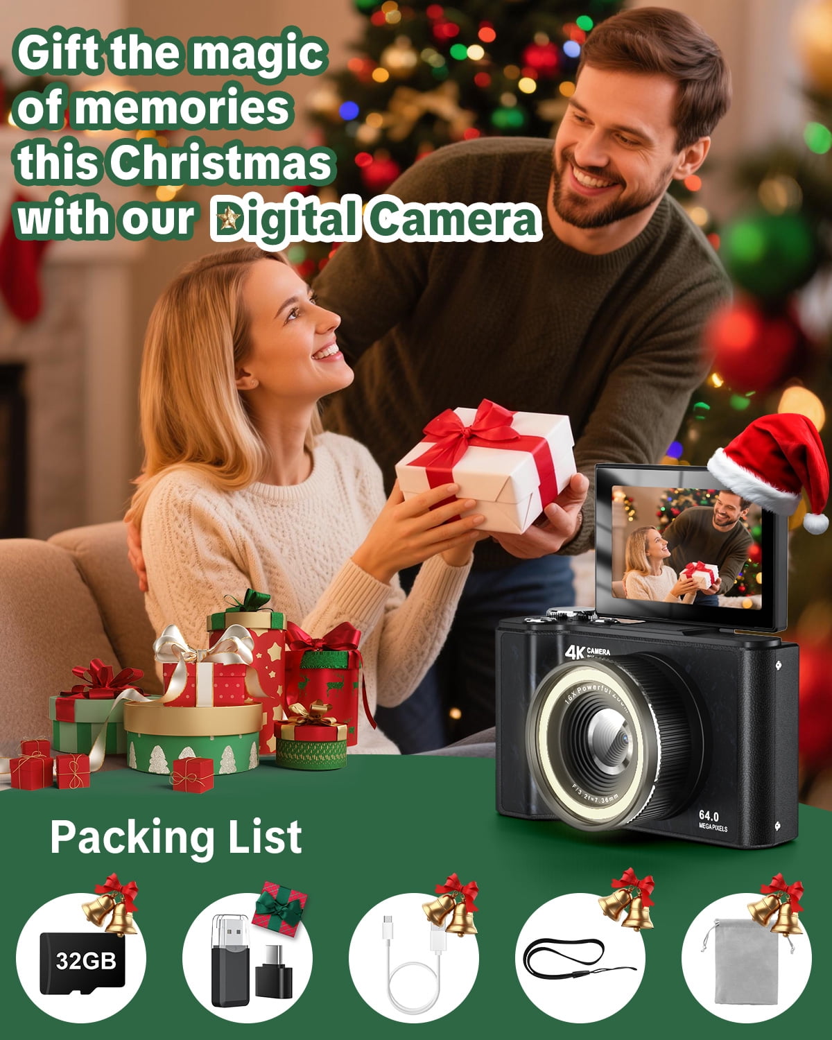 W&O Q5 4K Digital Camera, 180° Flip Screen Point and Shoot Camera with Ring Light, SD Card, Black