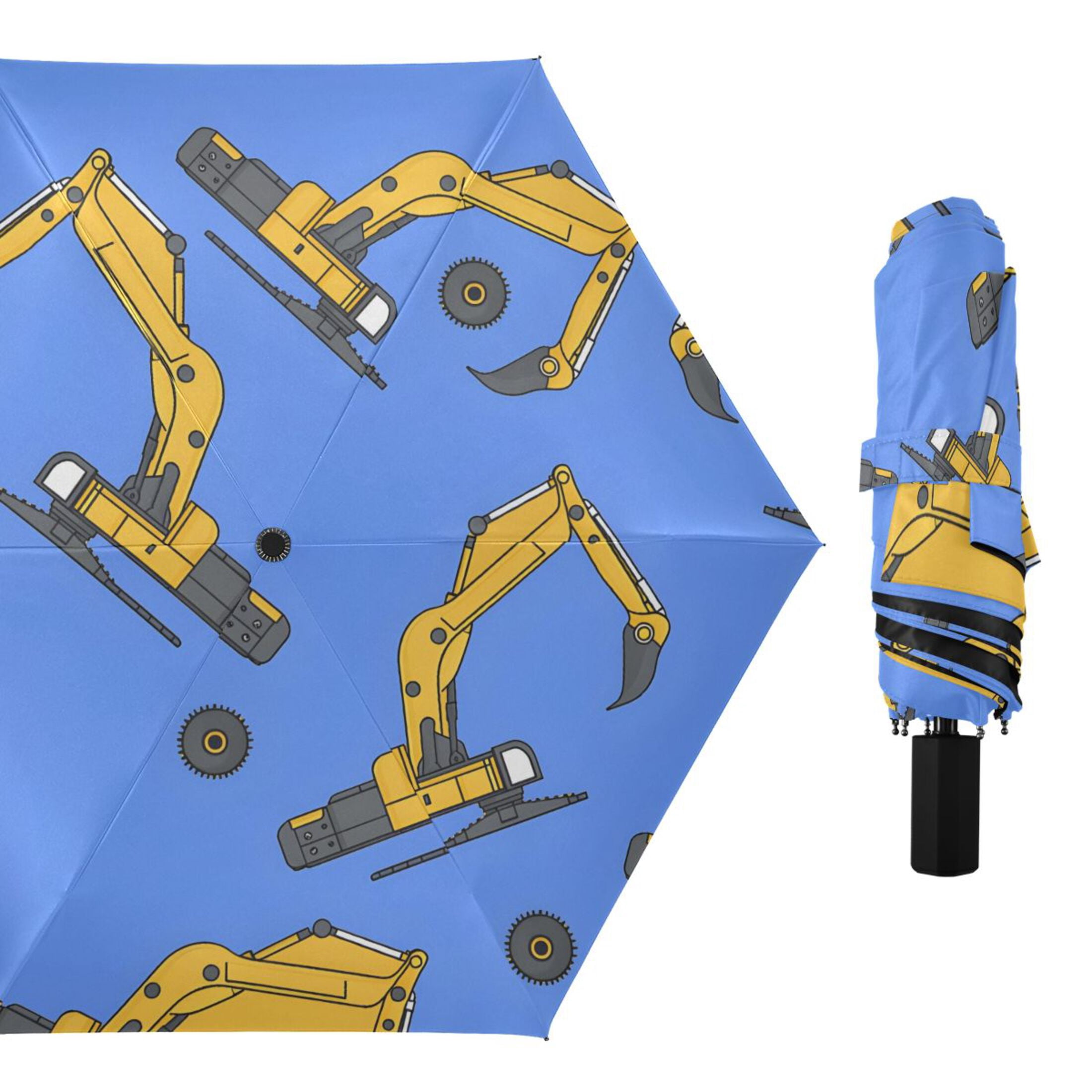 ALAZA Cartoon Excavator Trucks UPF 50+ Compact Folding Umbrella for Rain Travel Umbrella Packable