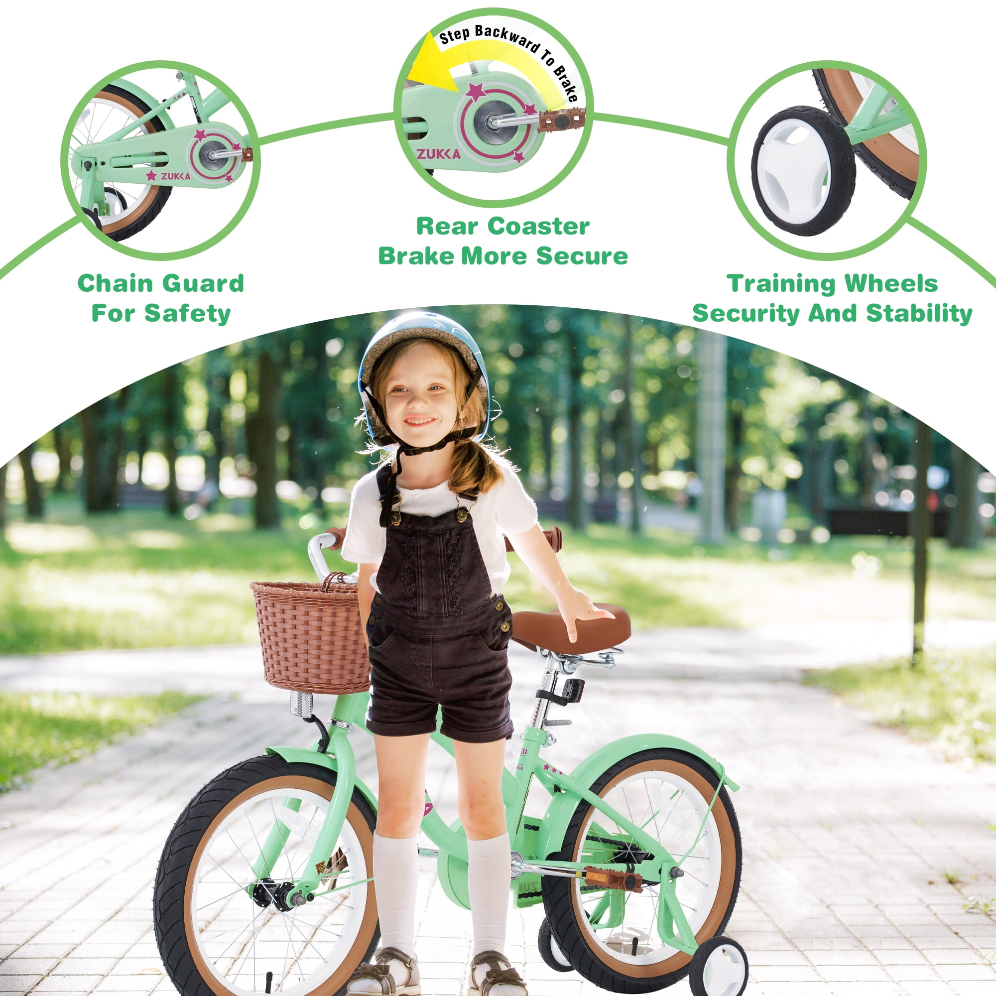 Aukfa 16" Kids' Bike, Girls Bike for 4-7 Years,Anti-Skid Tires, Training Wheels,Mint Green