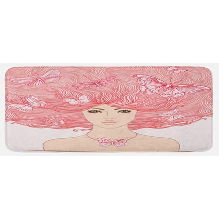 

Pink Kitchen Mat Sketchy Hand Drawn Style Girl with Butterflies in Her Long Pink Hair Illustration Plush Decorative Kitchen Mat with Non Slip Backing 47 X 19 Coral and White by Ambesonne