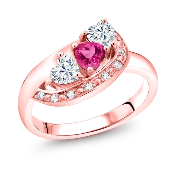 18K Rose Gold Plated Silver Pink Created Sapphire and White Moissanite and White Created Sapphire Engagement Ring for Women (1.02 Cttw, Gemstone September Birthstone, Heart Shape 4MM, Size 6)