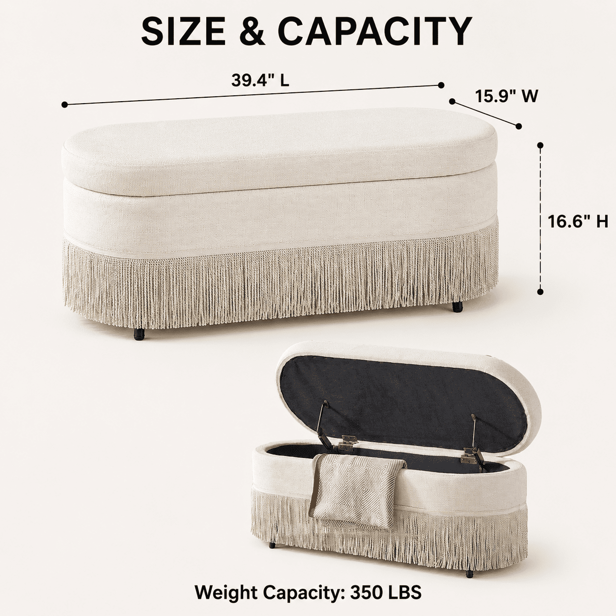 Aukfa Oval Storage Ottoman Bench with Tassel Trim, Upholstered End of Bed Bench with Hidden Storage, Metal Legs,Beige