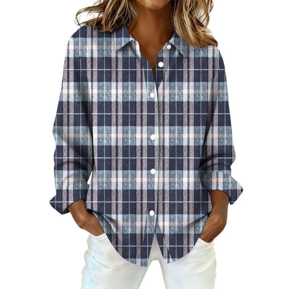 Flannel Shirt WomenBoyfriend Blouses Top Work Tops Casual Blouse Top Long Sleeve Plaid Button Up Women Plaid Shackets Collared Fitted Blouses Plaid Blouses For Women