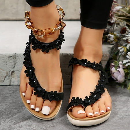 

XIAQUJ Women Summer Flowers Beach Elastic Band Casual Open Toe Flat Soft Bottom Breathable Shoes Sandals Sandals for Women Black 8(40)