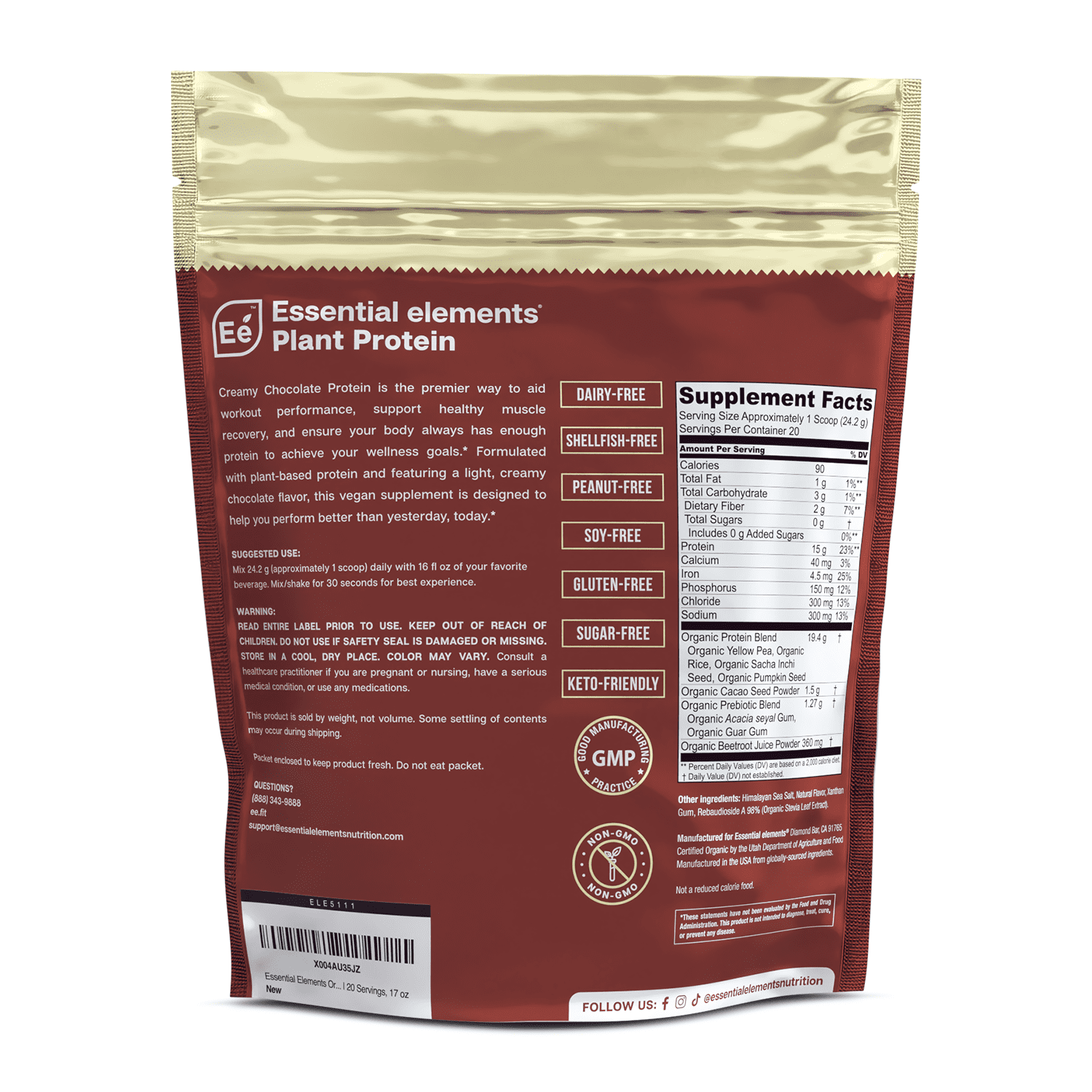 Essential Elements Plant-Based Organic Protein Powder - Creamy Chocolate Flavor - Vegan, Sugar-Fee & Keto-Friendly - Yellow Pea & Sacha Inchi Protein Blend - 20 Servings