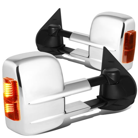 For 2007 to 2014 Chevy Silverado / GMC Sierra Pair Chrome Manual+Amber LED Turn Signal Towing Mirror