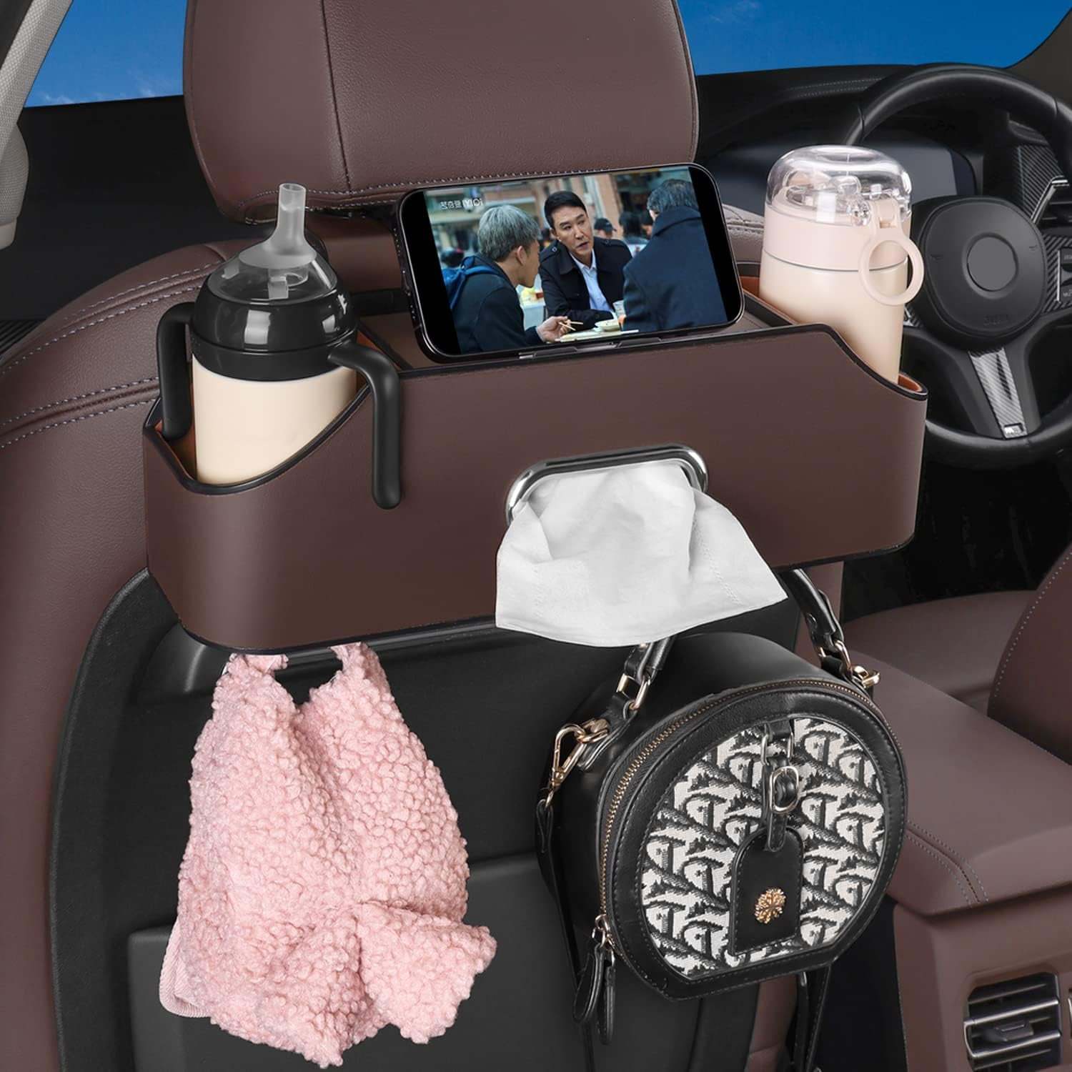 CEDQ Car Seat Back Organizer - Stylish & Functional Storage for Family Adventures - Cup Holders, Tissue Box & Hooks - Car Interior Accessories Perfect for Kids, Road Trips & Travel (Black)