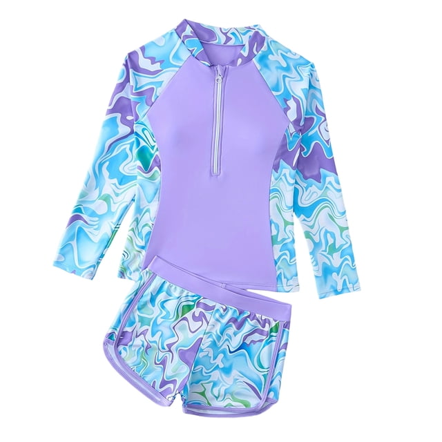 Kids Girls Swimsuit Rash Guard Sets 2-Piece Bathing Suits with Half Zip Summer Kids Swimwear 7-14Y