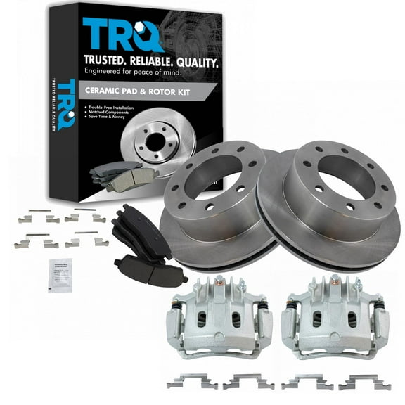 TRQ Rear Brake Pad & Rotor Kit Brake Caliper Brake Pads Brake Rotor Ceramic Fits Select 2000-2005 Ford Excursion 2000-2004 F-250 Super Duty F-350 Super Duty